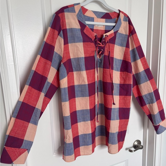 Style & Co. Tops - Plaid Lace Up 100% Cotton Boho Cottagecore Fall Flannel Long Sleeve Medium XL